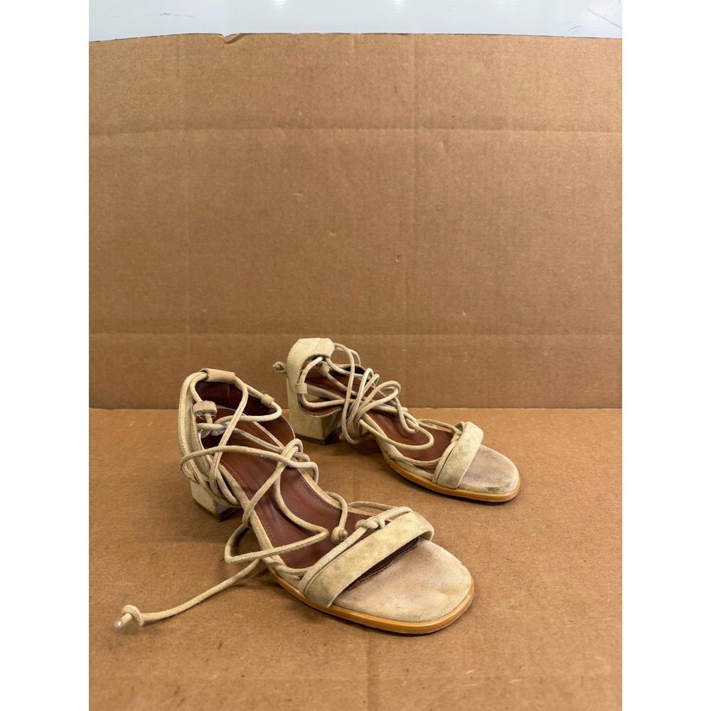 Alohas Sophie Suede Leather Block Heel Strappy Sandals Beige Womens Size 36 EU
